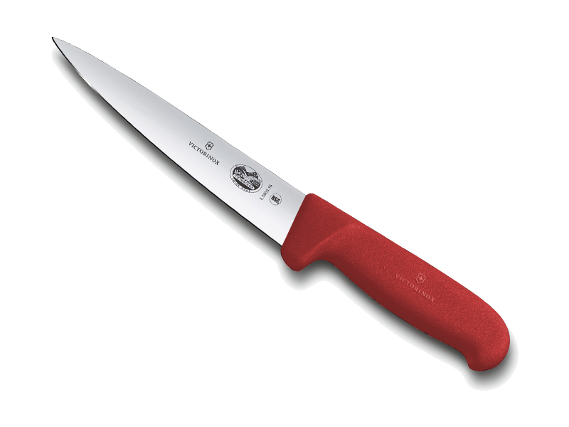 Couteau désosser/saigner - Lame 16 cm inox - Pointe milieu - Manche fibrox rouge.